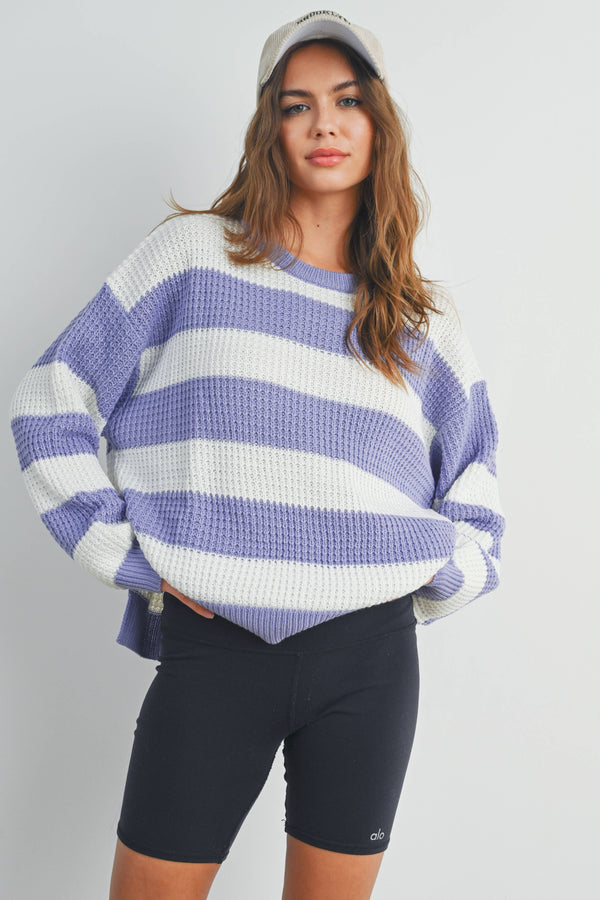 Women's Sweaters - STRIPED ROUND NECK LONG SLEEVE SWEATER - IVORY / LAVENDER - Cultured Cloths Apparel