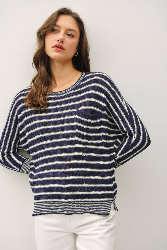 Women's Sweaters - LIGHT STRIPED WAFFLE KNIT DOLMAN SLEEVE SWEATER - Navy - Cultured Cloths Apparel