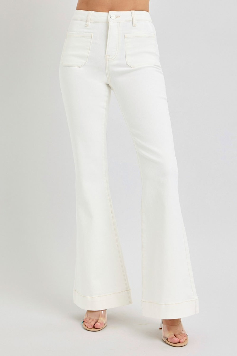 Denim - RISEN Full Size High Rise Front Patch Pocket Flare Jeans - Cream - Cultured Cloths Apparel