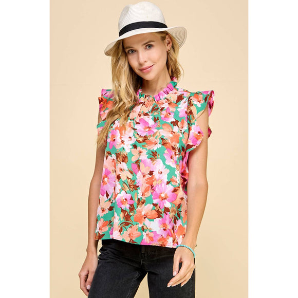 Women's Sleeveless - Floral Top with Ruffled Neck and Sleeves Top - Kelly Green - Cultured Cloths Apparel