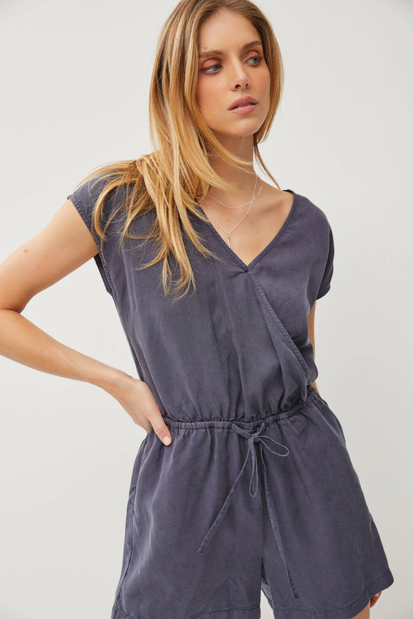 Women's Rompers - SURPLICE DRAWSTRING SHORT SLEEVE TENCEL ROMPER - DK Slate - Cultured Cloths Apparel