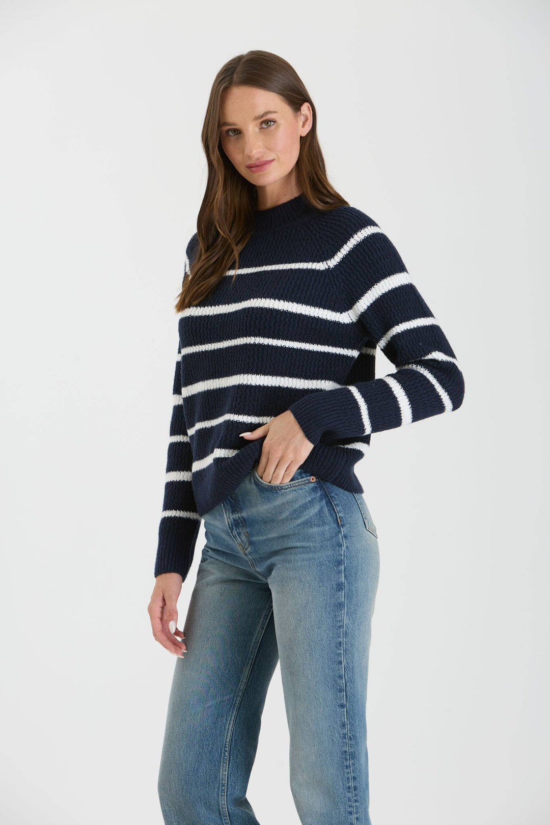 Women's Sweaters - STRIPE HIGH NECK KNIT PULLOVER SWEATER - - Cultured Cloths Apparel