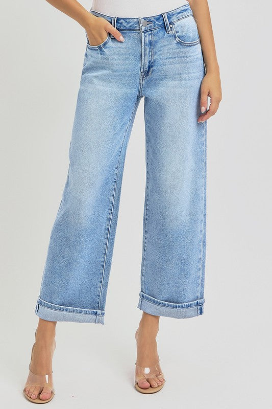 Denim - RISEN Full Size Ankle Wide Leg Cuffed Jeans - Light - Cultured Cloths Apparel