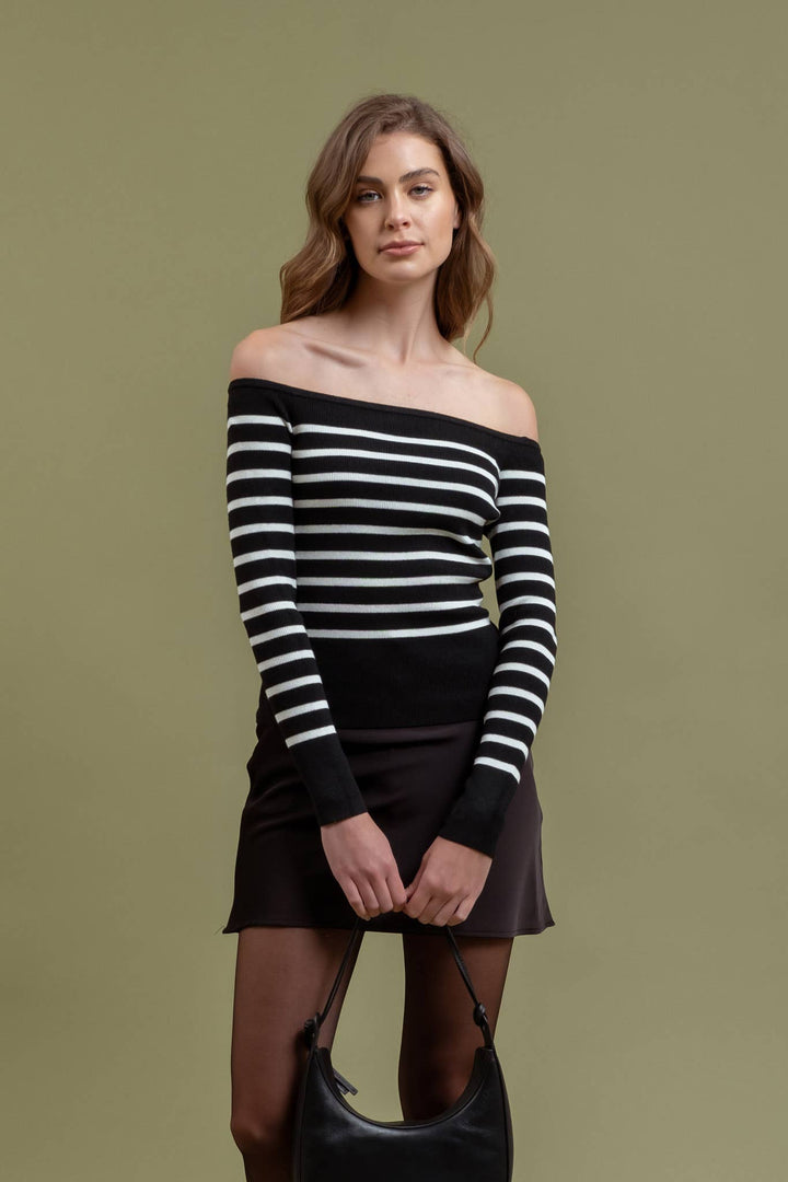 Women's Long Sleeve - STRIPE OFF THE SHOULDER LONG SLEEVE KNIT SWEATER -  - Cultured Cloths Apparel