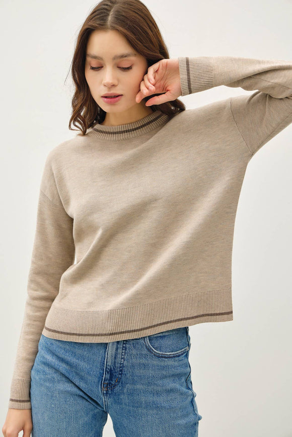 Women's Sweaters - CREW NECK SWEATER WITH SINGLE STRIPE AT ENDS - Mocha - Cultured Cloths Apparel