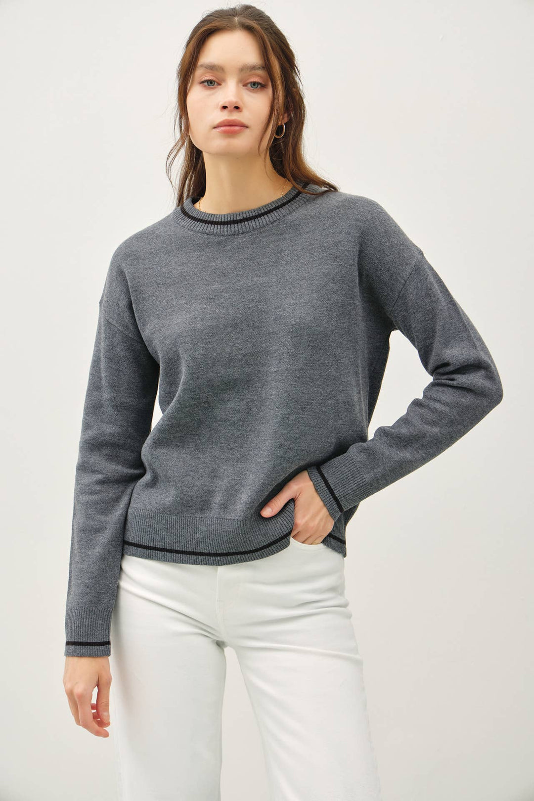 Women's Sweaters - CREW NECK SWEATER WITH SINGLE STRIPE AT ENDS -  - Cultured Cloths Apparel