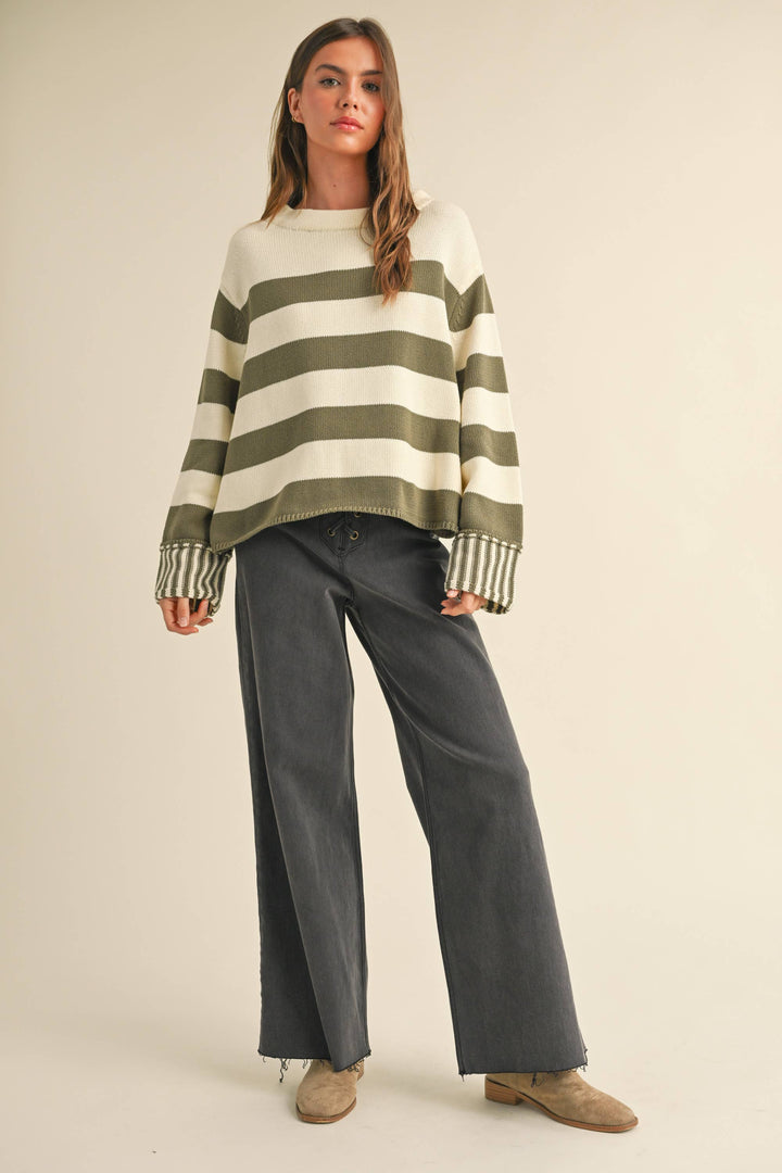 Women's Sweaters - OLIVE/WHITE STRIPED SWEATER TOP - - Cultured Cloths Apparel