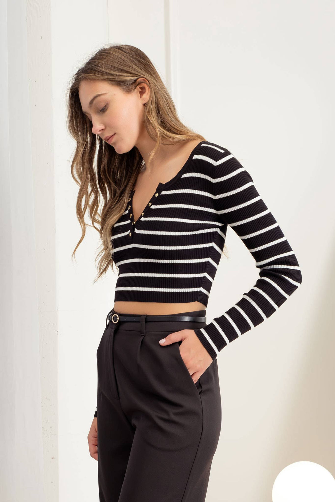 Women's Long Sleeve - STRIPE HENLEY LONG SLEEVE SWEATER KNIT CROP TOP -  - Cultured Cloths Apparel