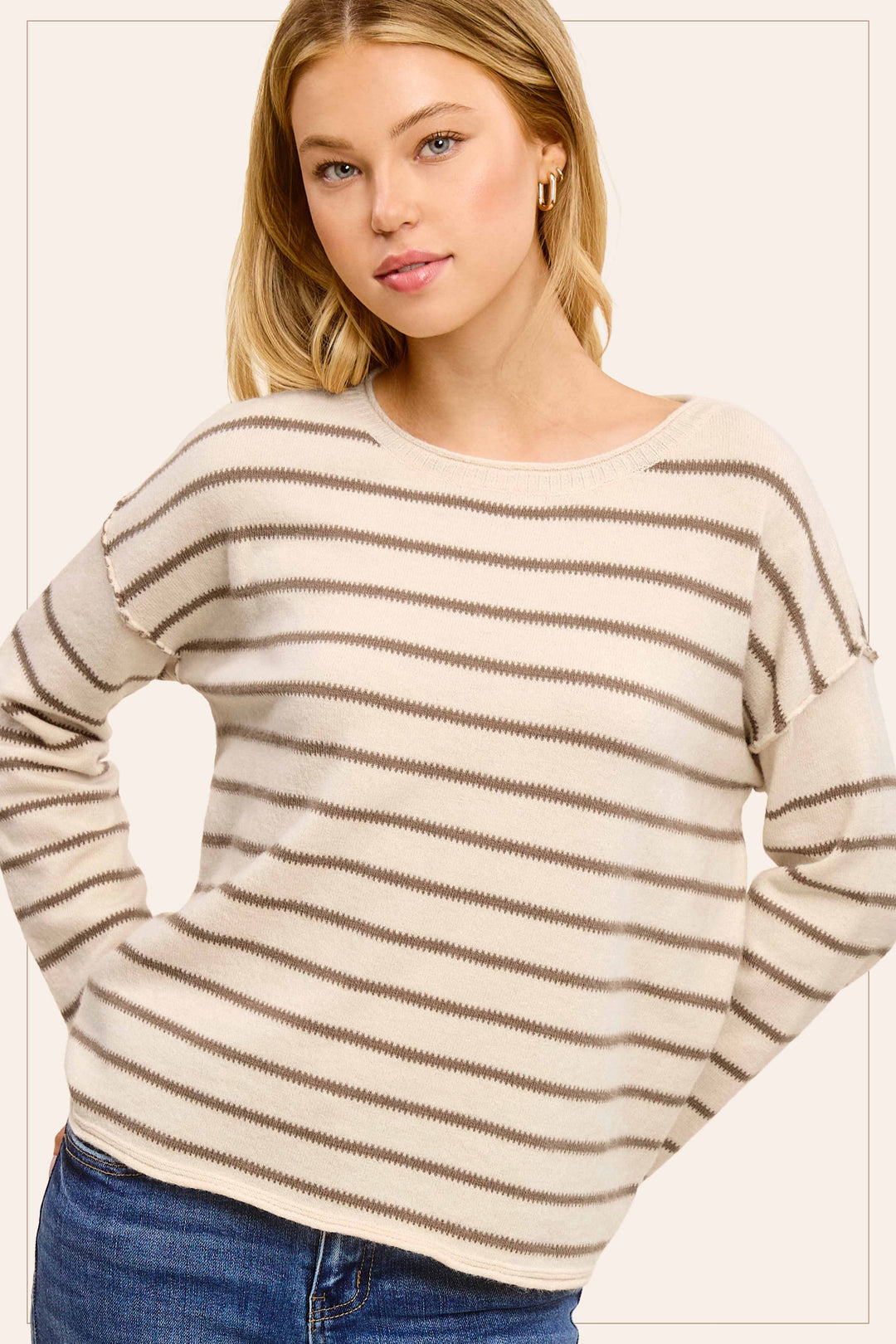 Women's Sweaters - Striped Round Neck Loose Fit Long Sleeve Sweater -  - Cultured Cloths Apparel