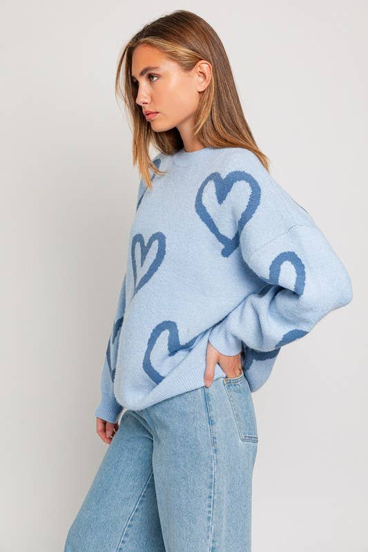 Women's Sweaters - Long Sleeve Round Neck Heart Printed Sweater -  - Cultured Cloths Apparel