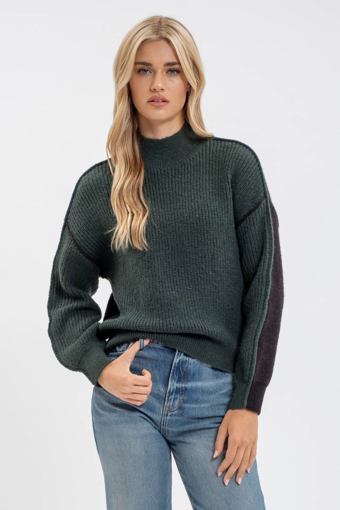 Women's Sweaters - COLORBLOCK MOCK NECK EXPOSED SEAM KNIT SWEATER - HUNTER GREEN - Cultured Cloths Apparel