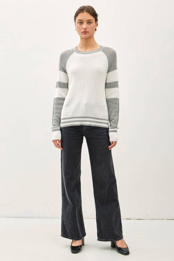 Women's Sweaters - BASEBALL STYLE SWEATER WITH STRIPED ACCENTS -  - Cultured Cloths Apparel