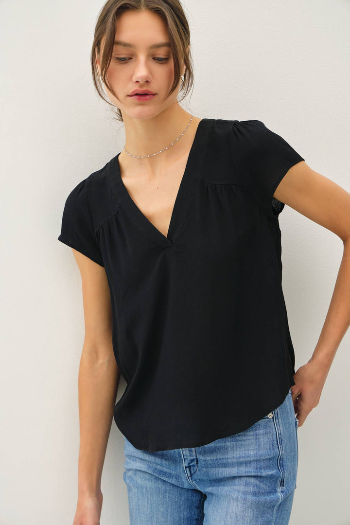 Women's Short Sleeve - FLOWY CAP SLEEVE V-NECK TOP - Black - Cultured Cloths Apparel