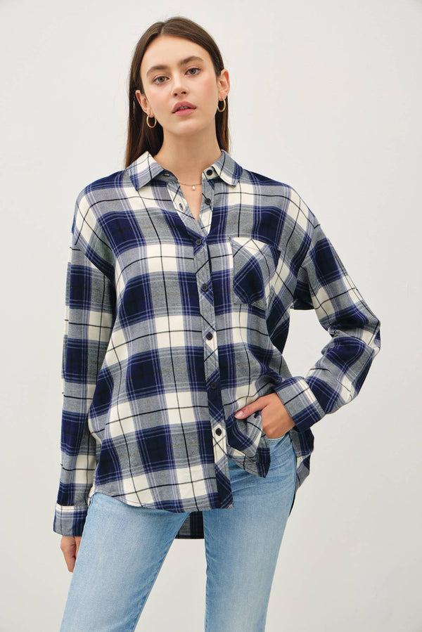 Women's Long Sleeve - NAVY PLAID FLANNEL LONG SLEEVE BUTTON DOWN SHIRT -  - Cultured Cloths Apparel