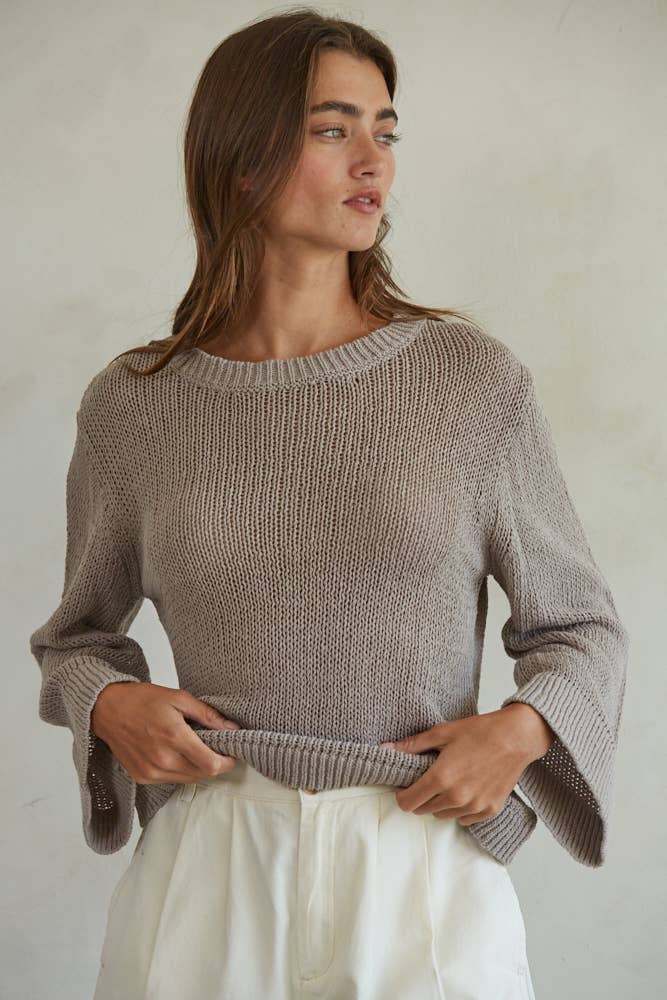 Women's Sweaters - Knit Cotton Crew Neck Long Sleeve Sweater Top - Mocha - Cultured Cloths Apparel