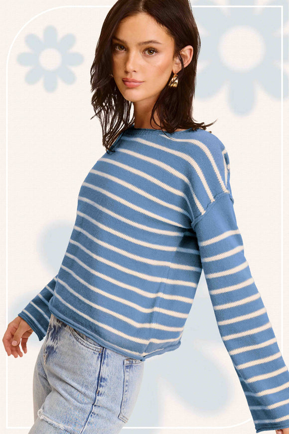 Women's Sweaters - Striped Round Neck Loose Fit Long Sleeve Sweater - Carolina Blue - Cultured Cloths Apparel