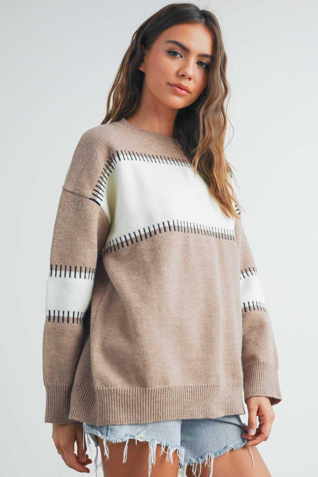 Women's Sweaters - COLOR BLOCK STRIPED CREW NECK SWEATER - - Cultured Cloths Apparel