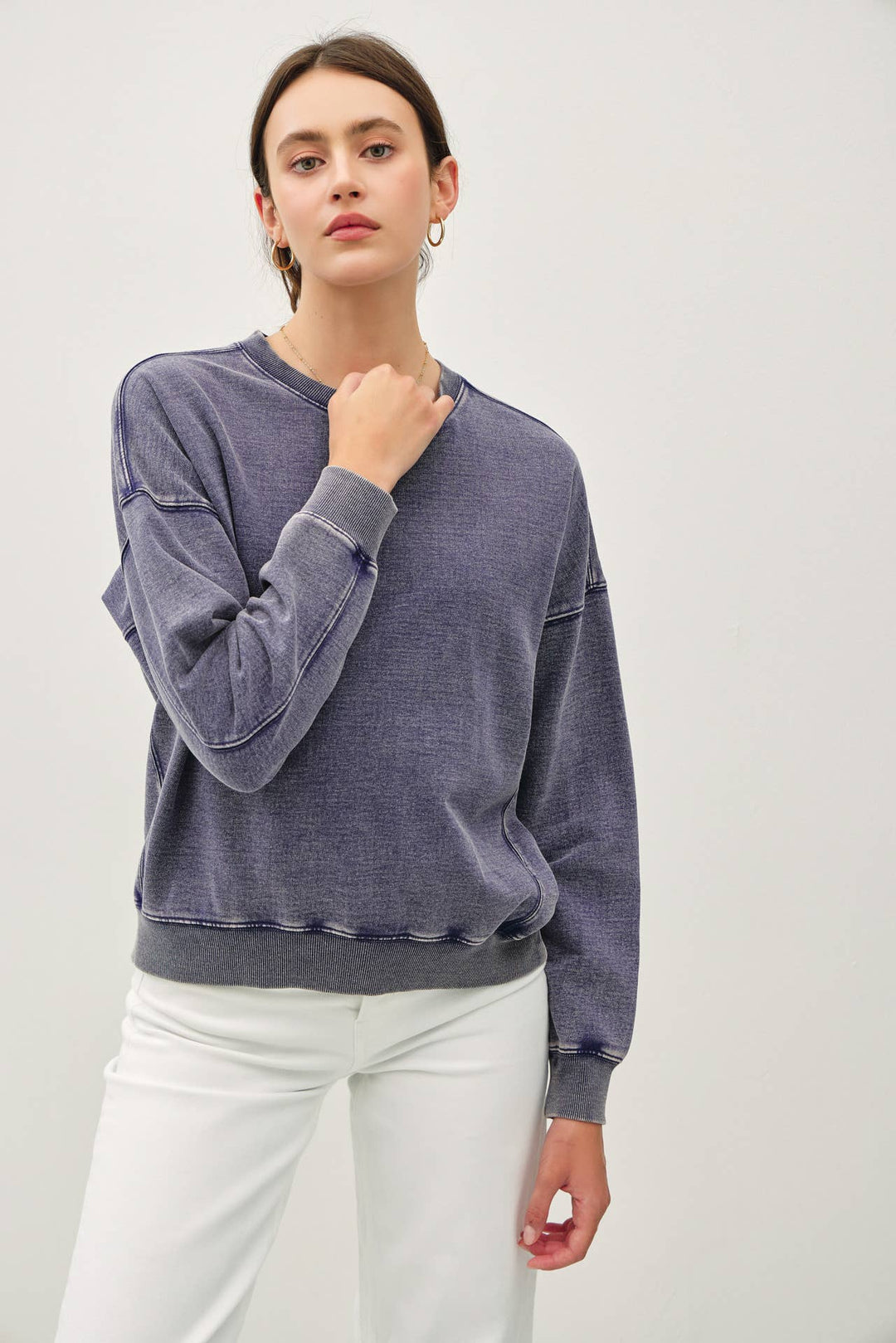 Women's Sweaters - CROPPED ACID WASH CREW NECK SWEATSHIRT - Indigo - Cultured Cloths Apparel