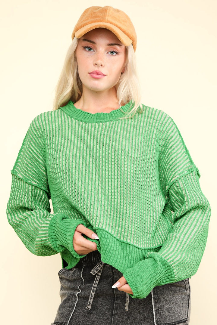 Women's Sweaters - VERY J Exposed Seam Cropped Striped Slit Sweater - Green - Cultured Cloths Apparel