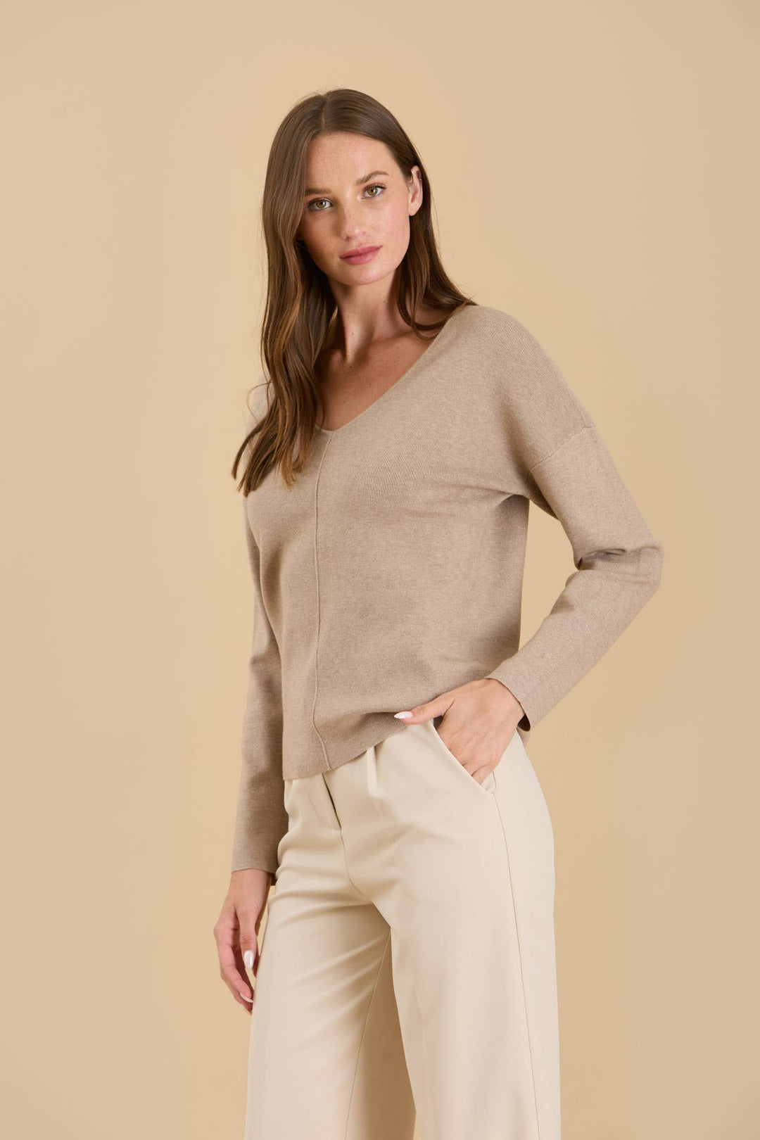 Women's Sweaters - SOLID V NECK FRONT SEAM KNIT SWEATER - - Cultured Cloths Apparel