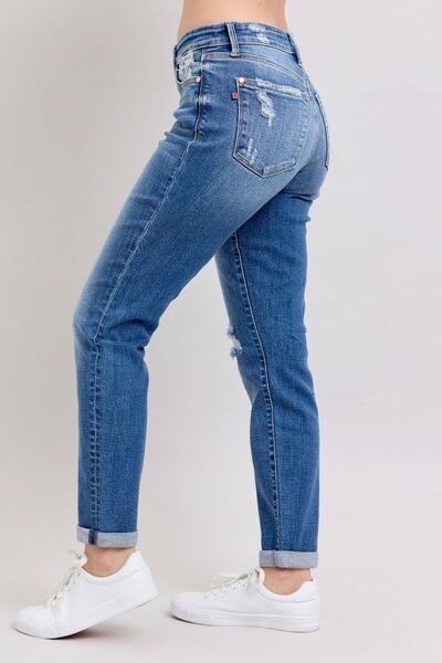 Denim - Judy Blue Full Size Button Fly Distressed Jeans with Pockets Plus Size - - Cultured Cloths Apparel