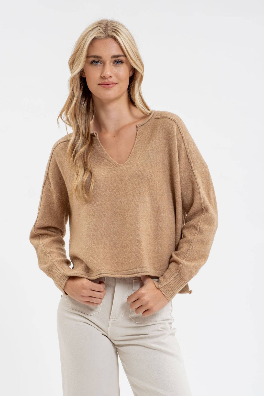 Women's Long Sleeve - EXPOSED SEAM SPLIT NECK KNIT SWEATER -  - Cultured Cloths Apparel