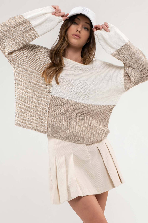 Women's Sweaters - BACK TIE COLORBLOCK KNIT SWEATER -  - Cultured Cloths Apparel