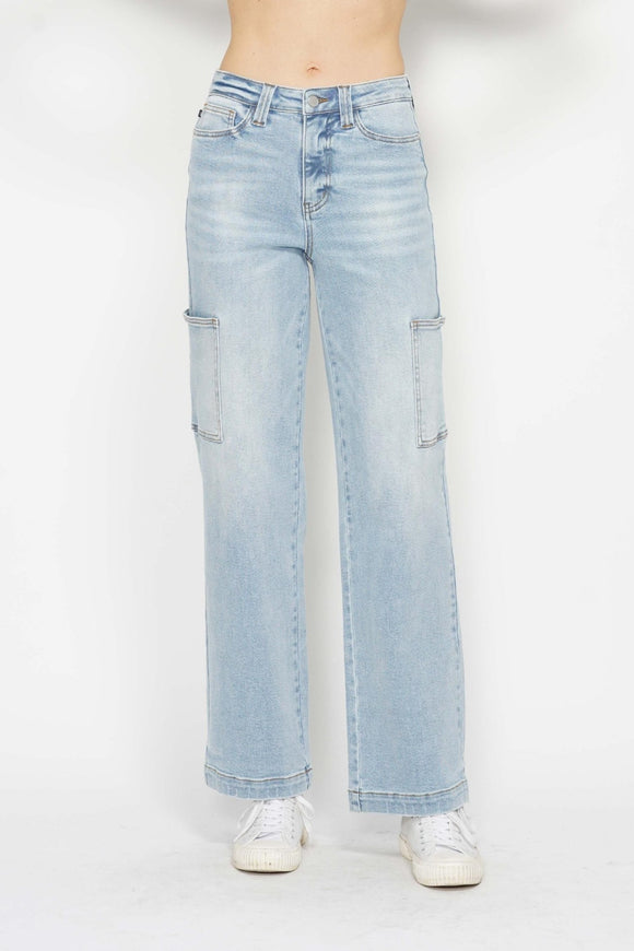 Denim - Judy Blue Full Size High Waist Straight Cargo Jeans - Light - Cultured Cloths Apparel