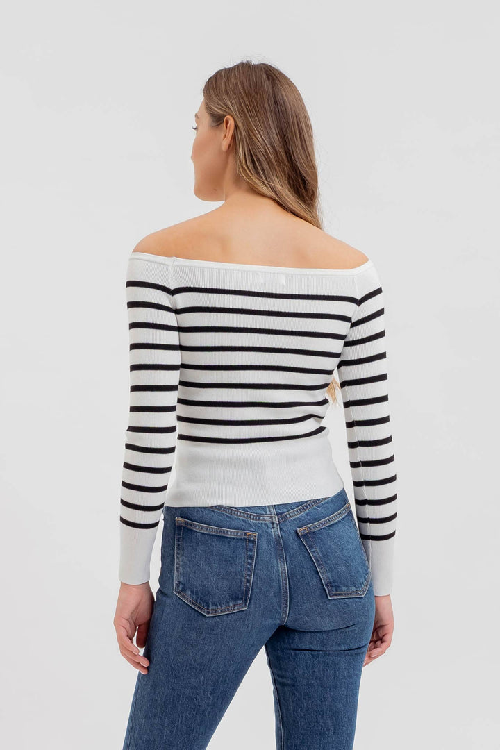 Women's Long Sleeve - STRIPE OFF THE SHOULDER LONG SLEEVE KNIT SWEATER -  - Cultured Cloths Apparel