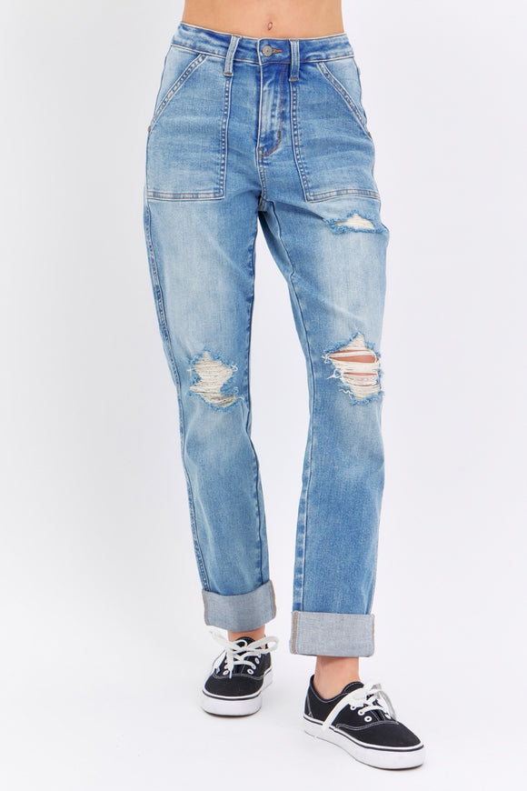 Denim - Judy Blue Full Size Distressed Straight Jeans with Patch Pockets - Medium - Cultured Cloths Apparel