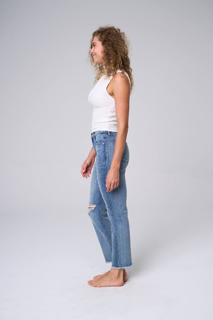 Denim - HIGH RISE STRAIGHT LEG ANKLE JEANS WITH FRAY HEM -  - Cultured Cloths Apparel