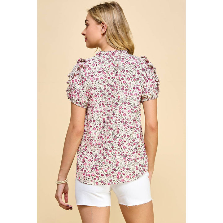 Women's Short Sleeve - Floral Printed Ruffled Sleeves Top -  - Cultured Cloths Apparel