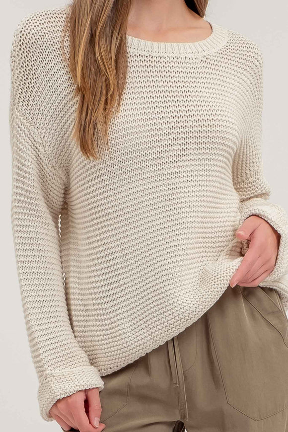 Women's Sweaters - CHUNKY KNIT LONG CUFF SLEEVE PULLOVER SWEATER - OATMEAL - Cultured Cloths Apparel