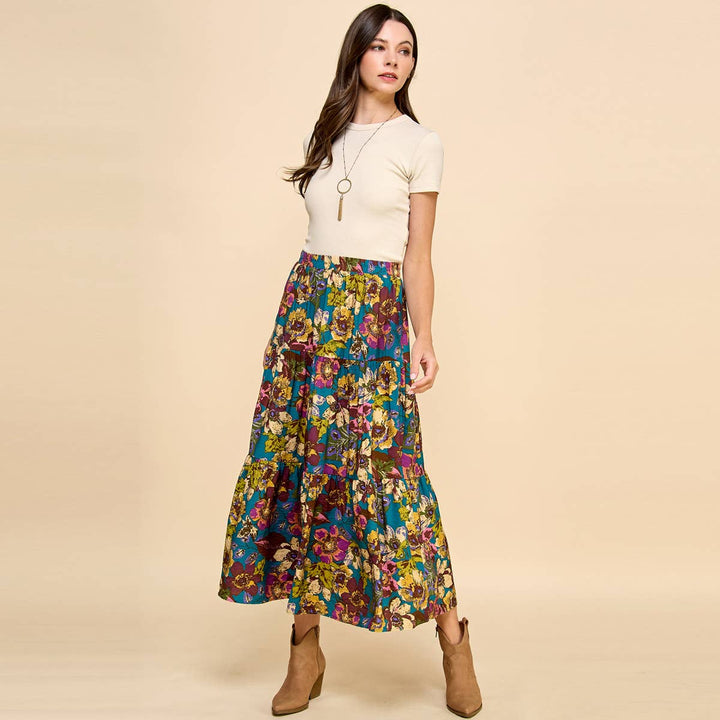 Women's Skirts - Floral Printed Three Layered Skirt - Teal - Cultured Cloths Apparel