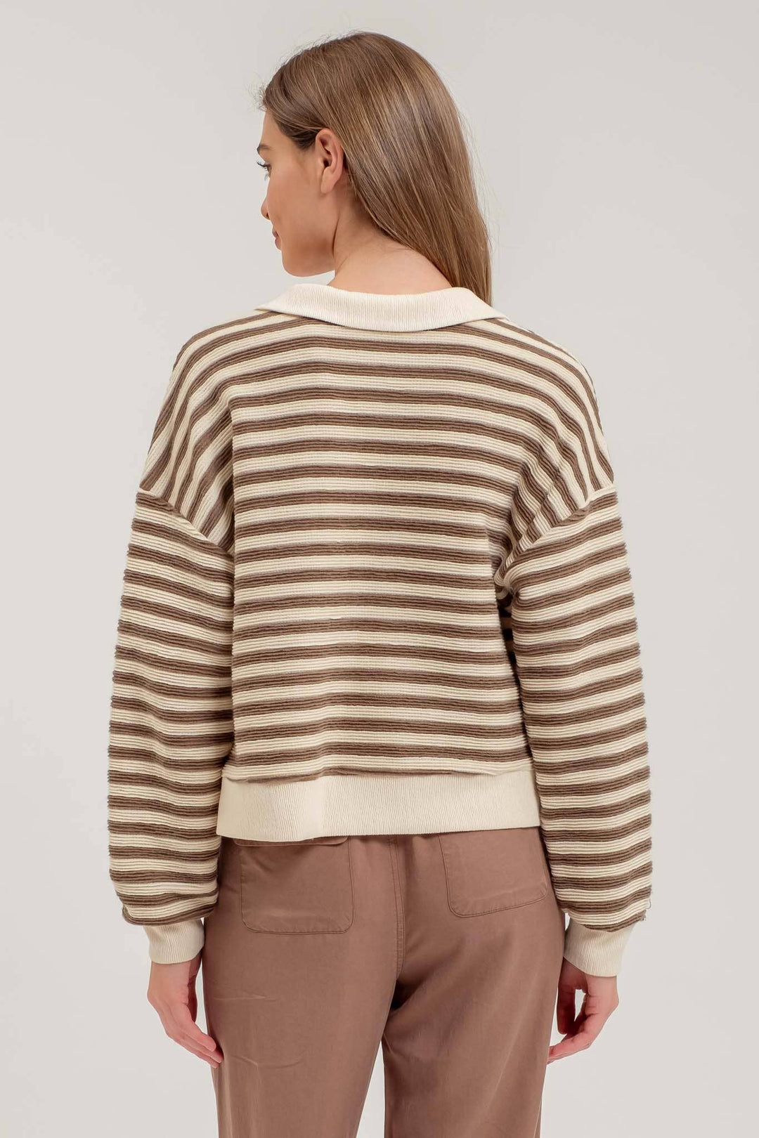 Women's Sweaters - STRIPED COLLARED LONG SLEEVE POLO KNIT TOP -  - Cultured Cloths Apparel