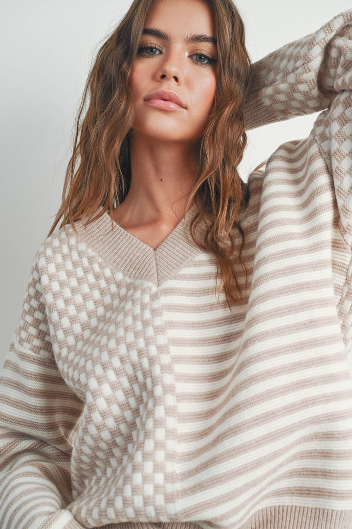 Women's Sweaters - FRENCHY CHECKER PATTERN DROP SHOULDER SWEATER - IVORY/TAUPE - Cultured Cloths Apparel