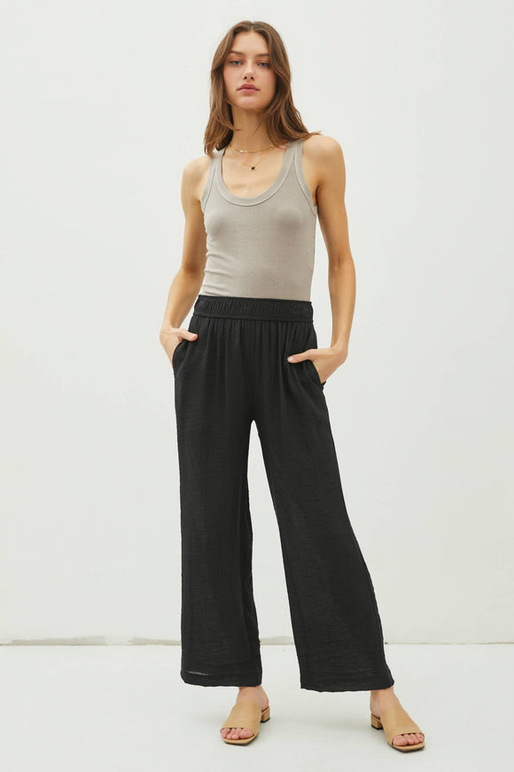 Denim - LIGHTWEIGHT RAYON BLEND PULL ON WIDE LEG PANTS - Black - Cultured Cloths Apparel