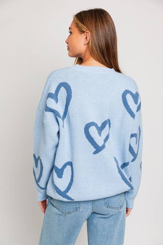 Women's Sweaters - Long Sleeve Round Neck Heart Printed Sweater -  - Cultured Cloths Apparel