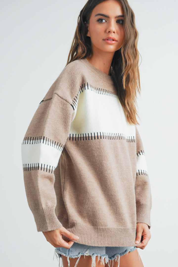 Women's Sweaters - COLOR BLOCK STRIPED CREW NECK SWEATER - - Cultured Cloths Apparel