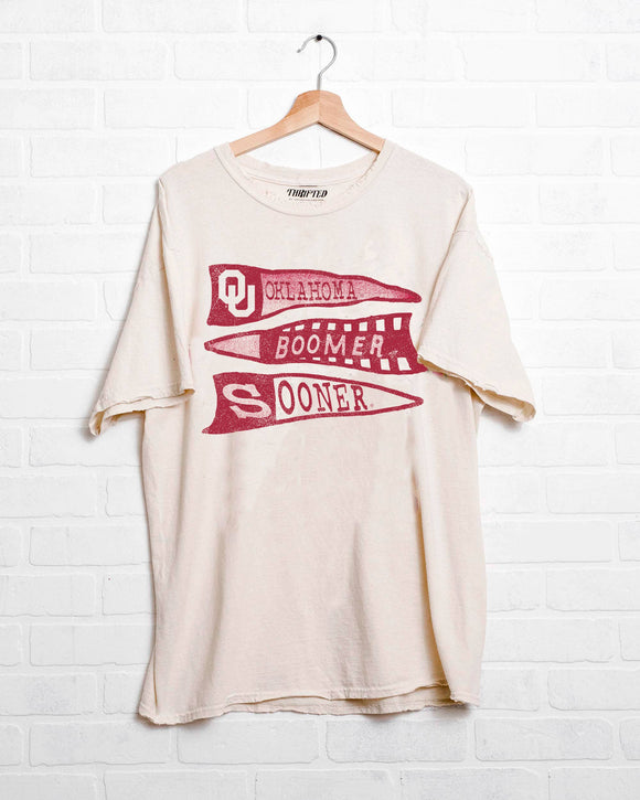 Graphic T-Shirts - OU Oklahoma Sooners Pennant Off White Thrifted Tee - Small - Cultured Cloths Apparel