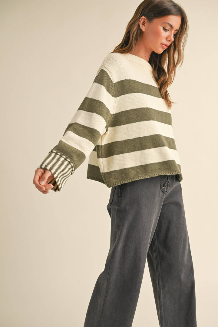 Women's Sweaters - OLIVE/WHITE STRIPED SWEATER TOP - - Cultured Cloths Apparel