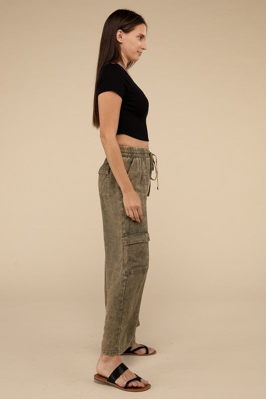 Denim - Washed Linen Elastic Band Waist Cargo Pants -  - Cultured Cloths Apparel