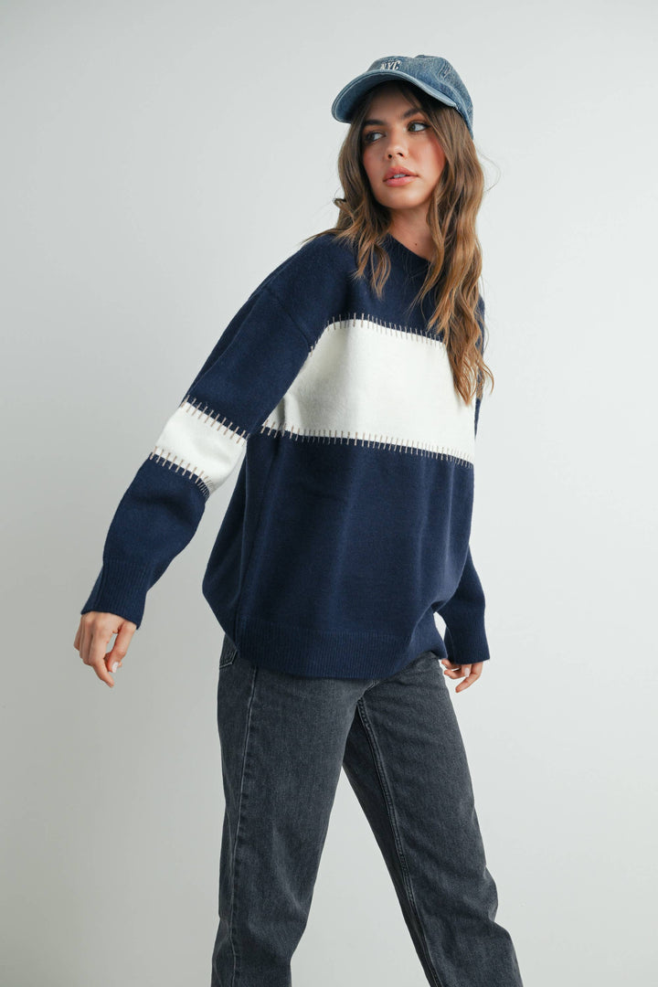 Women's Sweaters - COLOR BLOCK STRIPED CREW NECK SWEATER - - Cultured Cloths Apparel