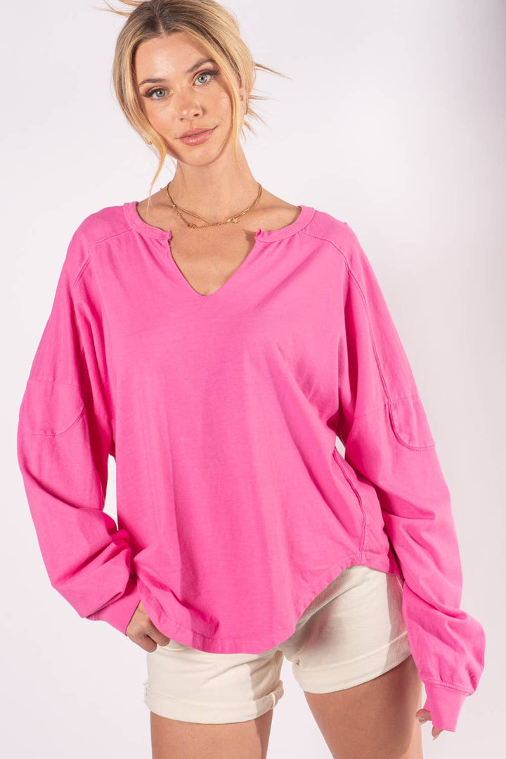 Women's Long Sleeve - WASHED OVERSIZED PREMIUM COTTON NOTCH NECK TEE -  - Cultured Cloths Apparel