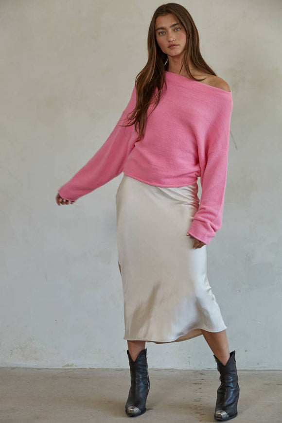 Women's Sweaters - Knit Sweater Boat Neck Long Sleeve Pullover Top - Pink - Cultured Cloths Apparel