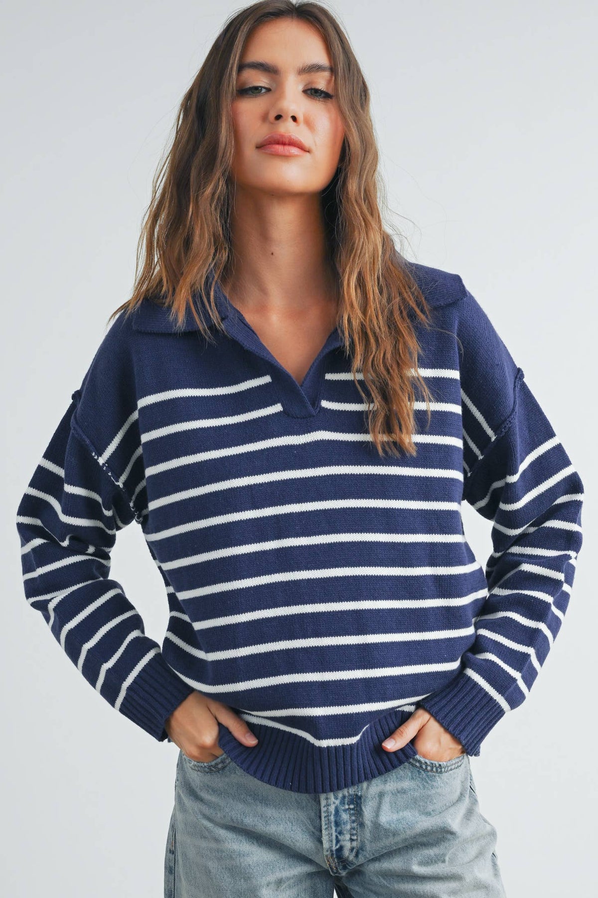 Women's Sweaters - Cozy V-Neck Striped Sweater -  - Cultured Cloths Apparel