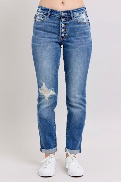 Denim - Judy Blue Button Fly Distressed Jeans with Pockets - - Cultured Cloths Apparel