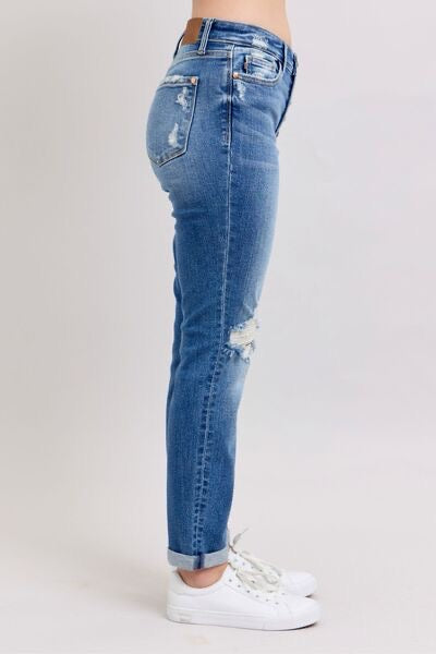 Denim - Judy Blue Button Fly Distressed Jeans with Pockets - - Cultured Cloths Apparel