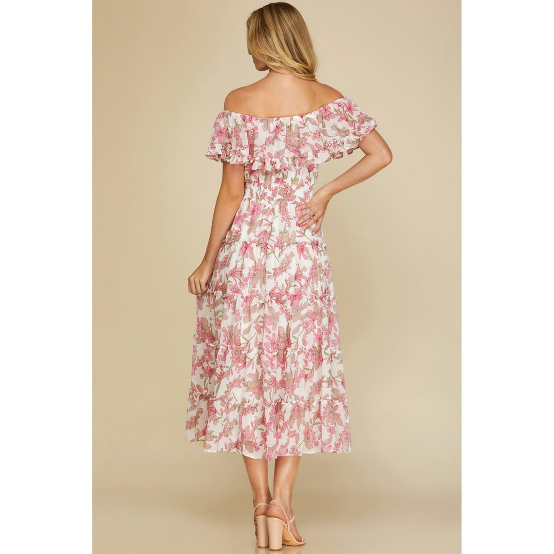 Women's Dresses - Off Shoulder Ruffled Woven Print Midi Dress -  - Cultured Cloths Apparel