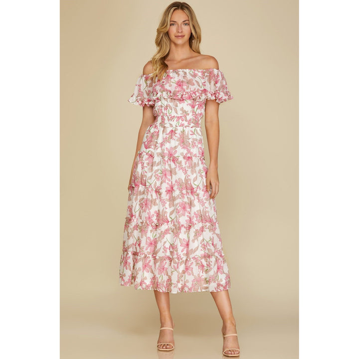 Women's Dresses - Off Shoulder Ruffled Woven Print Midi Dress - Off White - Cultured Cloths Apparel